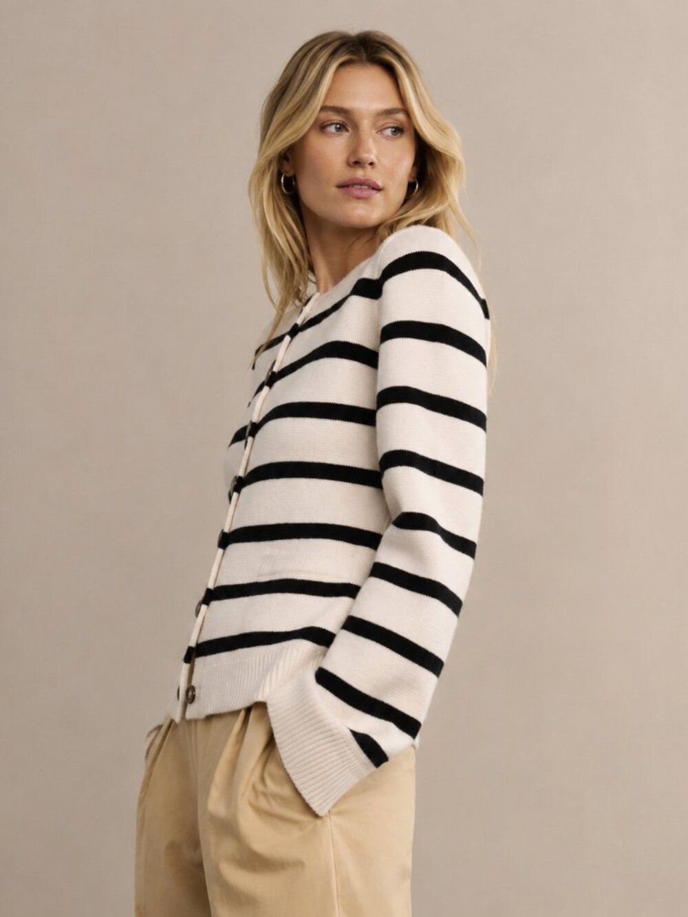 NWT Jenni Kayne Cooper Cardigan M Ivory Black Stripe Wool Cashmere Button Knit